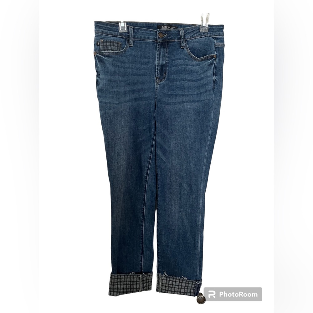 Judy Blue Grey Plaid Cuffed Slim Fit Jeans Size 11/30